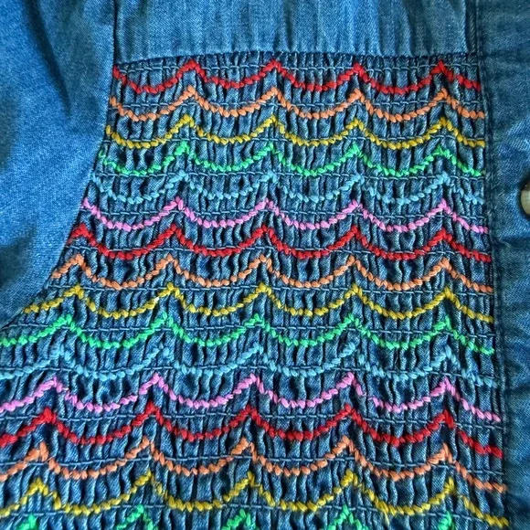 Mini Boden Blue Denim Dress with Rainbow Smocking - Picture 2 of 3